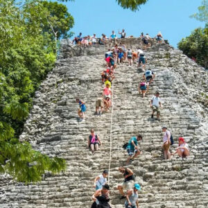 Climbing Coba pyramid, 1986
